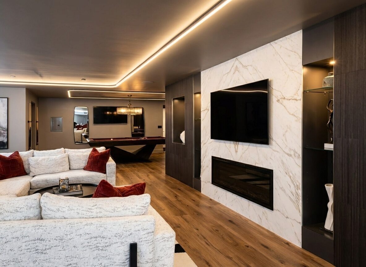 Same living room with hardwood flooring and marble and dark tile feature wall installed by BM Pro Construction