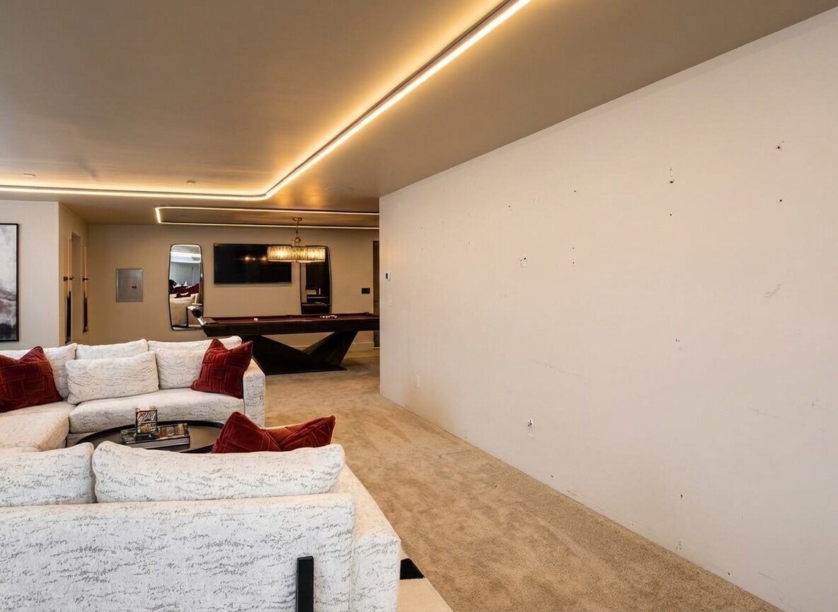 Living room with worn carpet and bare drywall before renovation