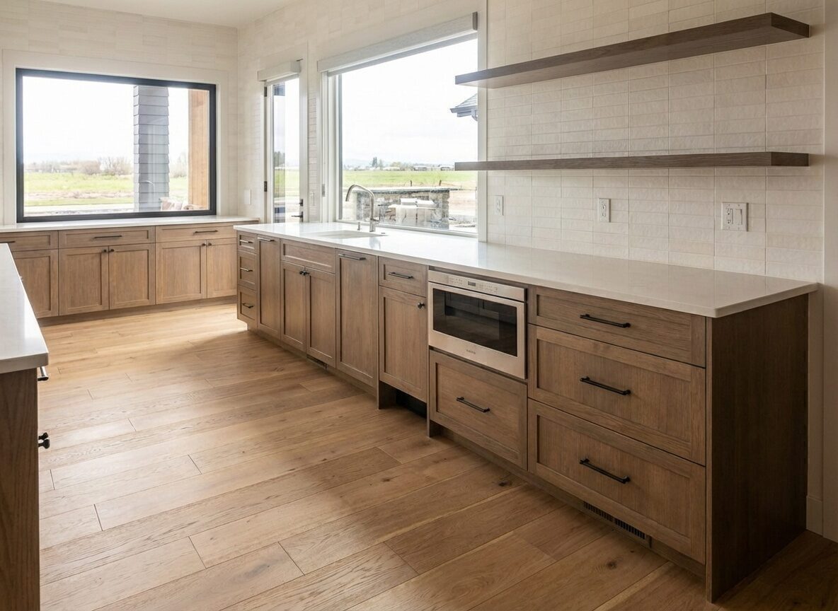 Kitchen with new wood plank flooring and tile backsplash installed by BM Pro Construction