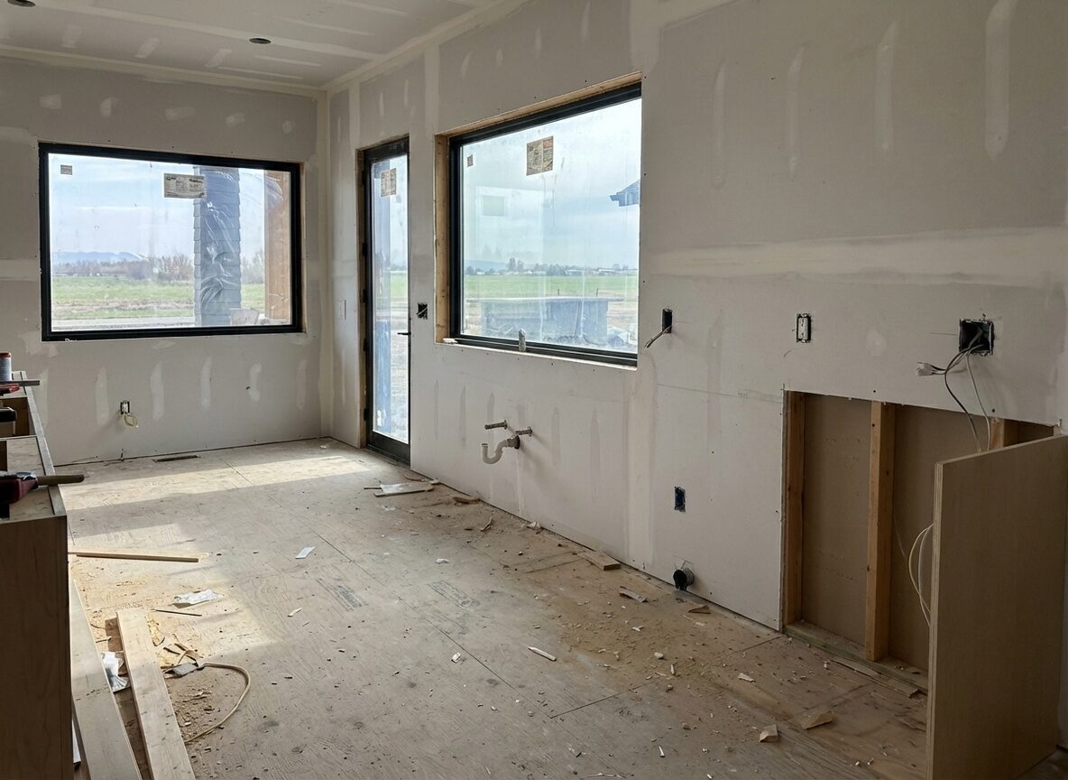 Kitchen during construction with bare subfloor and drywall