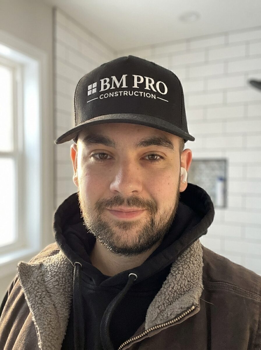 Nick, owner of BM Pro Construction, in a freshly tiled bathroom