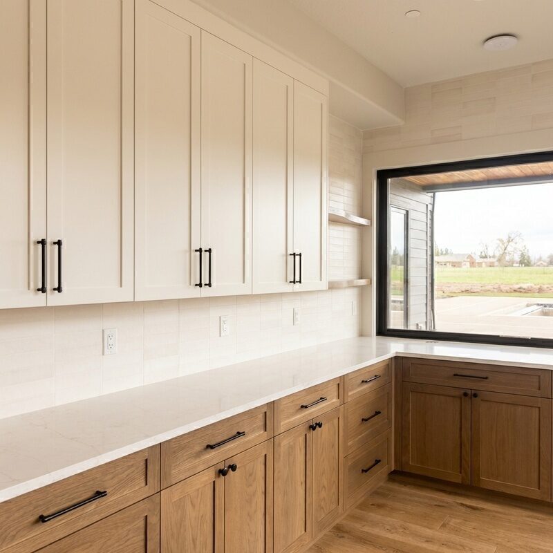 Modern kitchen with white tile backsplash, quartz countertops, and two-tone cabinetry, installed by BM Pro Construction
