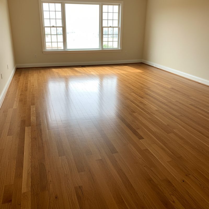 Newly installed solid hardwood flooring in a bright living room