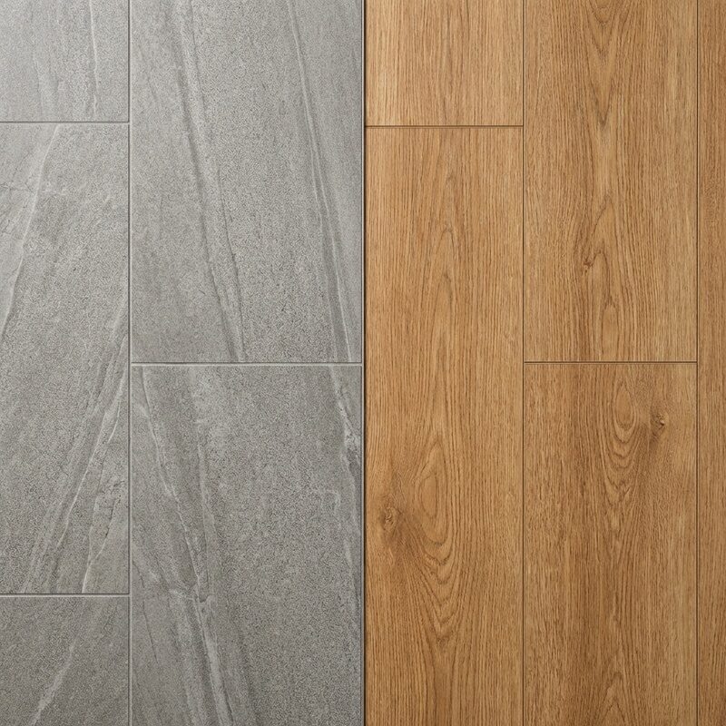 Large format porcelain tile transitioning to wood-look vinyl plank flooring, installed by BM Pro Construction